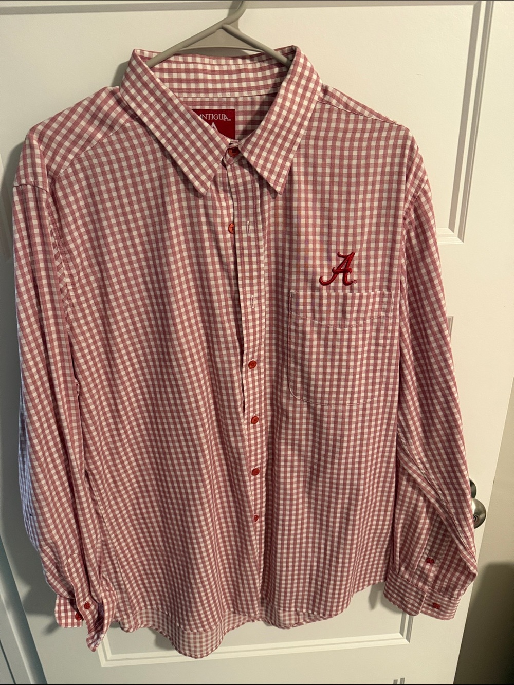 Antigua Men's Red and White Gingham Button-Down Shirt with 'A' Embroidery